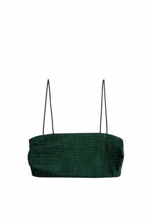 Haut court vert avec texture, présentant des fines bretelles noires et un design froncé. Forme rectangulaire avec un léger détail de ruché.