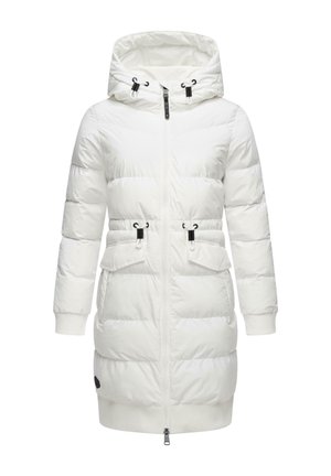 White padded parka with a zip front, a hood, black accents, two front pockets, and ribbed cuffs. Features a knee-length design and smooth texture.