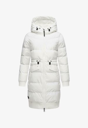 Valge pehme parka, millel on lukuga esikülg, kapuuts, mustad detaile, kaks eesmist taskut ja soonikkoes varrukad. Omab põlveni ulatuvat disaini ja siledat tekstuuri.