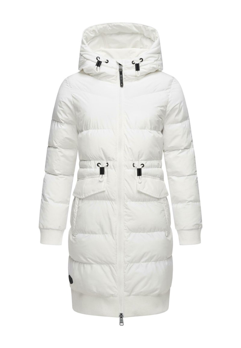 Witte gewatteerde parka met een ritssluiting aan de voorkant, een capuchon, zwarte accenten, twee voorkeepockets en geribde manchetten. Heeft een knielange snit en een soepele textuur.