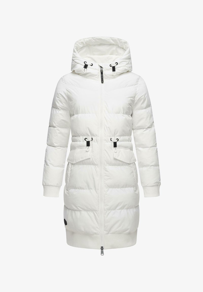 White padded parka with a zip front, a hood, black accents, two front pockets, and ribbed cuffs. Features a knee-length design and smooth texture.