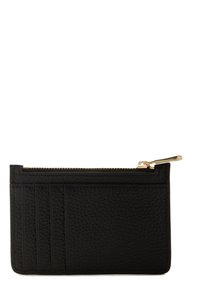 Black leather wallet with textured surface, featuring a zipper closure and multiple card slots on one side. Gold-tone hardware accent.