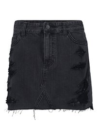 Černá džínová sukně s roztrhaným lemem, s vybledlými nášivkami a designem s pěti kapsami. Obsahuje zapínání na tlačítko vepředu a středně vysoký pás.