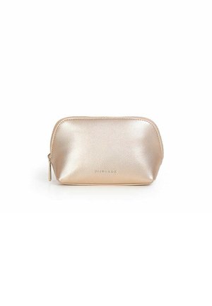 Metallic rose gold cosmetic pouch with a textured surface, rounded shape, zip closure, and embossed branding on the front.