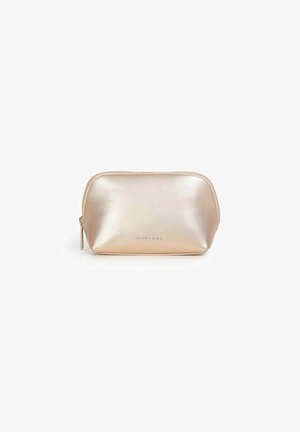 Metallic rose gold cosmetic pouch with a textured surface, rounded shape, zip closure, and embossed branding on the front.