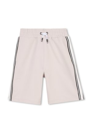 Short beige clair avec taille élastique, cordon blanc et doubles bandes noires sur les côtés.