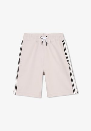 Lichtbeige korte broek met elastische tailleband, witte trekkoord en zwarte dubbele strepen langs de zijkanten.