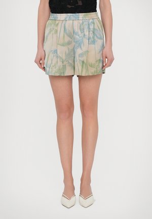 Lightweight, beige shorts with green and blue palm leaf patterns. Features an elastic waistband and pleated design, suitable for casual wear.