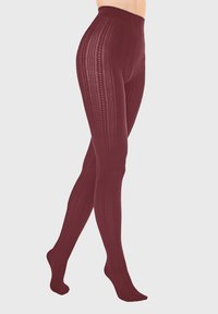 Burgundowe rajstopy prążkowane z dopasowanym, wysokim pasem, z teksturowanym wzorem wzdłuż nóg i gładkim zakończeniem stóp.