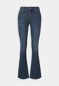 Jeans svasati di colore blu scuro realizzati in denim. Design a vita alta con chiusura frontale a bottone e dettagli cuciti lungo le cuciture.