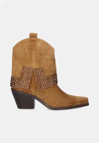 Bota de vaquero de ante marrón con punta afilada, adornos de rhinestones decorativos a lo largo del costado y un tacón apilado para mayor estabilidad.