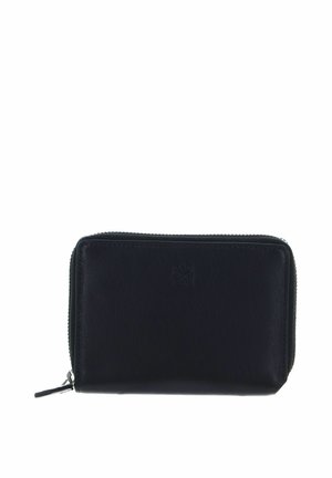 Schwarze Lederbrieftasche mit genähten Kanten, einem Reißverschluss und einem kleinen geprägten Logo in der Mitte vorne.
