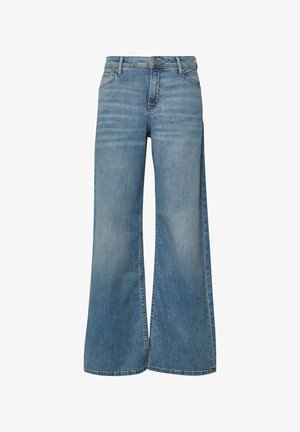 Lichtblauwe denim wijde jeans met hoge taille, knoop aan de voorkant, rits en ontwerp met vijf zakken.