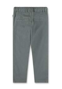 Graue, gewebte Hose mit einem elastischen Bund, zwei Gesäßtaschen und geradem Bein. Der Stoff wirkt glatt und leicht.