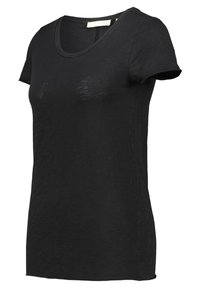 Sort T-shirt lavet af letvægtsstof med rund halsudskæring, korte ærmer og en let rummelig pasform. Glat tekstur med minimal detaljering.