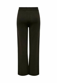 Svarte vide bukser laget av et mykt stoff; har en elastisk livlinje og glatt tekstur. Synlige sting langs sømmene.