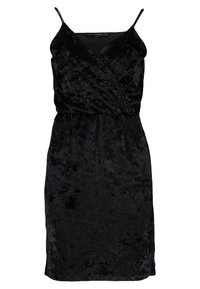Black velvet dress with a wrap design, adjustable thin straps, and a fitted waist. Smooth texture; knee-length with a simple cut.