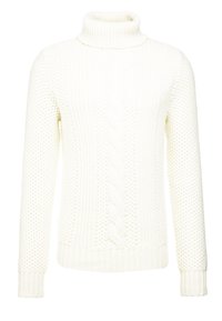 Pullover bianco lavorato a maglia con colletto alto. Motivo testurizzato con lavorazione a trecce e bordi a coste. Maniche lunghe con polsini aderenti.
