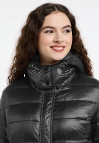 Zwarte pufferjack met een glanzende afwerking, uitgerust met een hoge kraag, drukknoopsluiting en doorgestikte textuur voor isolatie.