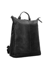 Musta nahkareppu, jossa on suorakulmainen muoto, yläkahva, säädettävät hihnat ja sileä pinta. Varustettu vetoketjukiinnityksellä.