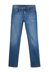 Rak ben blå denimjeans med mellan tvätt, fem fickor, metallnitar och orangea sömmar.