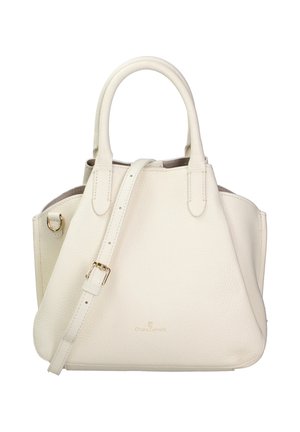 Cremfarbene Lederhandtasche mit strukturiertem Finish, doppelten oberen Tragegriffen und einem abnehmbaren Riemen. Ausgestattet mit goldfarbener Hardware und dezentem Branding.
