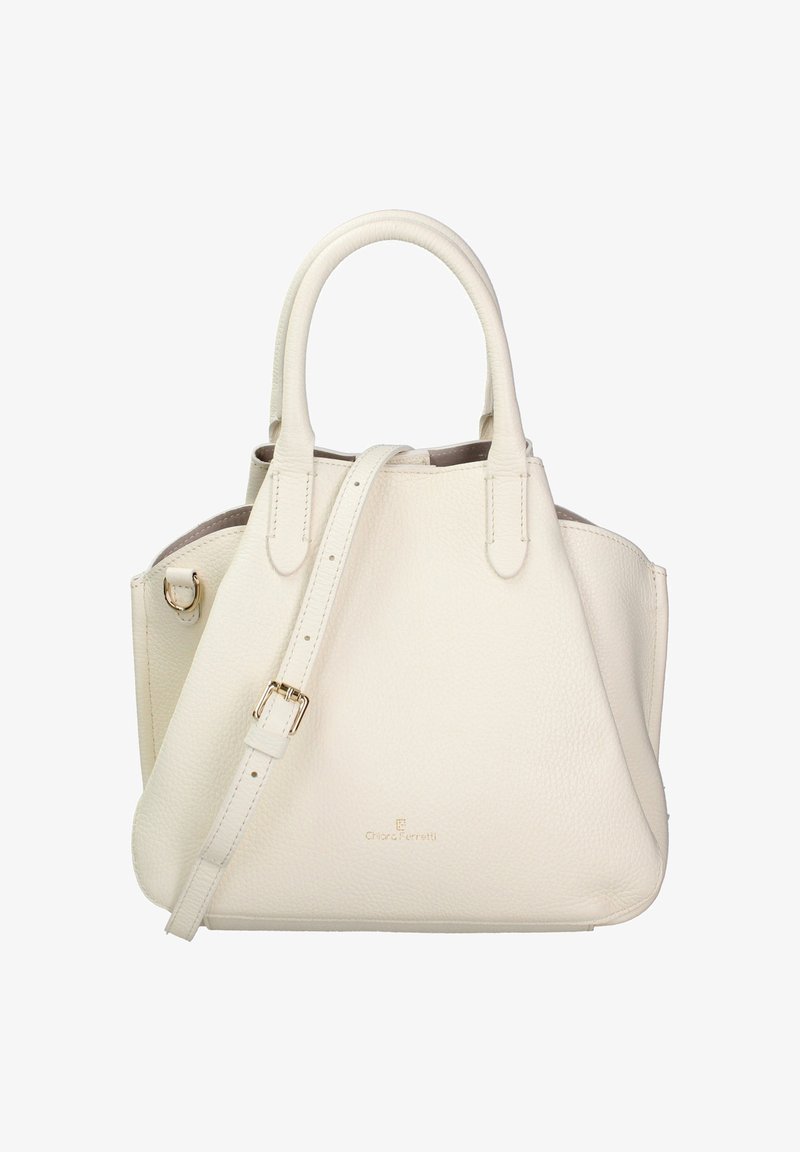 Cremfarbene Lederhandtasche mit strukturiertem Finish, doppelten oberen Tragegriffen und einem abnehmbaren Riemen. Ausgestattet mit goldfarbener Hardware und dezentem Branding.