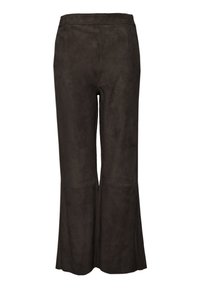 Braune Wildleder-Hosen mit weitem Bein, die eine glatte Textur, eine hohe Taille und einen ausgestellten Beinabschluss für eine lässige Passform aufweisen.