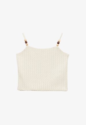Beiges, gestricktes Crop-Top mit dünnen Trägern, verziert mit Holzperlen, einer gerippten Textur und einer schlichten rechteckigen Form.