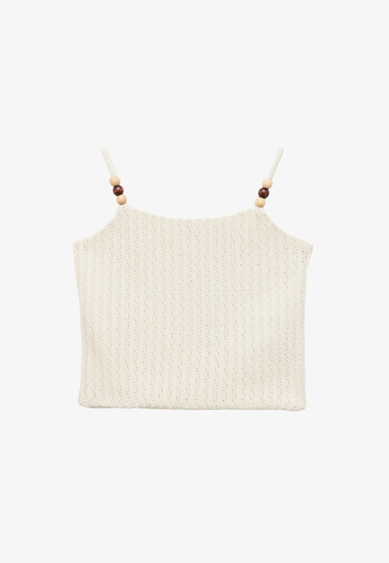 Beige neulepaita ohuilla hihnoilla, jossa on puuhelmiripustuksia, ribbauskuvio ja yksinkertainen suorakulmainen muoto.