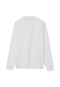 Weißes Langarmhemd aus glattem Stoff mit klassischem Kragen, geradem Saum und gerippten Bündchen. Die Rückansicht zeigt keine sichtbaren Logos oder Muster.