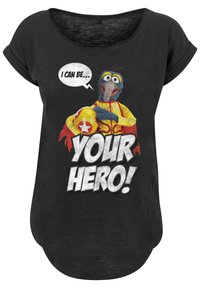 Black T-shirt with short sleeves featuring a colorful graphic of a character in a superhero outfit and text: "I CAN BE... YOUR HERO!"