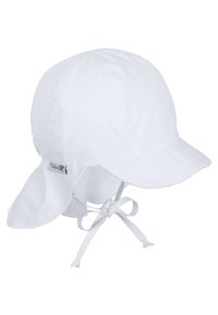 Weißer Sonnenhut mit breiter Krempe und langen Lappen zum Schutz des Nackens. Aus leichtem Stoff gefertigt, mit einer gebundenen Verschlusslösung für sicheren Sitz.