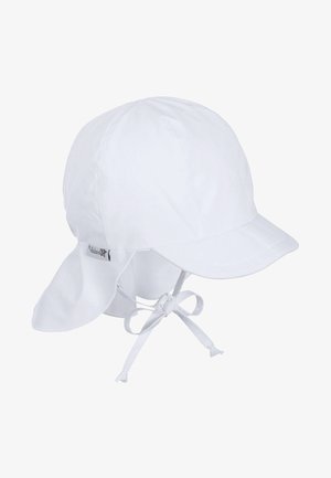 Weißer Sonnenhut mit breiter Krempe und langen Lappen zum Schutz des Nackens. Aus leichtem Stoff gefertigt, mit einer gebundenen Verschlusslösung für sicheren Sitz.