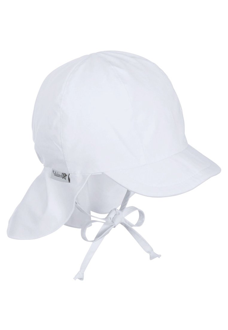 Weißer Sonnenhut mit breiter Krempe und langen Lappen zum Schutz des Nackens. Aus leichtem Stoff gefertigt, mit einer gebundenen Verschlusslösung für sicheren Sitz.