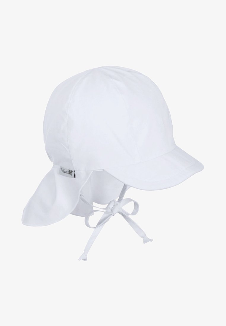 Weißer Sonnenhut mit breiter Krempe und langen Lappen zum Schutz des Nackens. Aus leichtem Stoff gefertigt, mit einer gebundenen Verschlusslösung für sicheren Sitz.