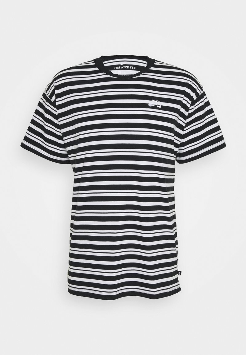 Black and white striped t-shirt made of cotton, featuring a crew neck, short sleeves, and a small Nike logo on the left chest.
