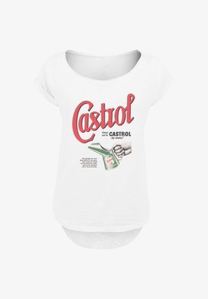 Weißes Damenshirt mit vintage Castrol-Logo, einer Hand, die eine grüne Öldose hält, und Text, der Castrol-Motoröl bewirbt.