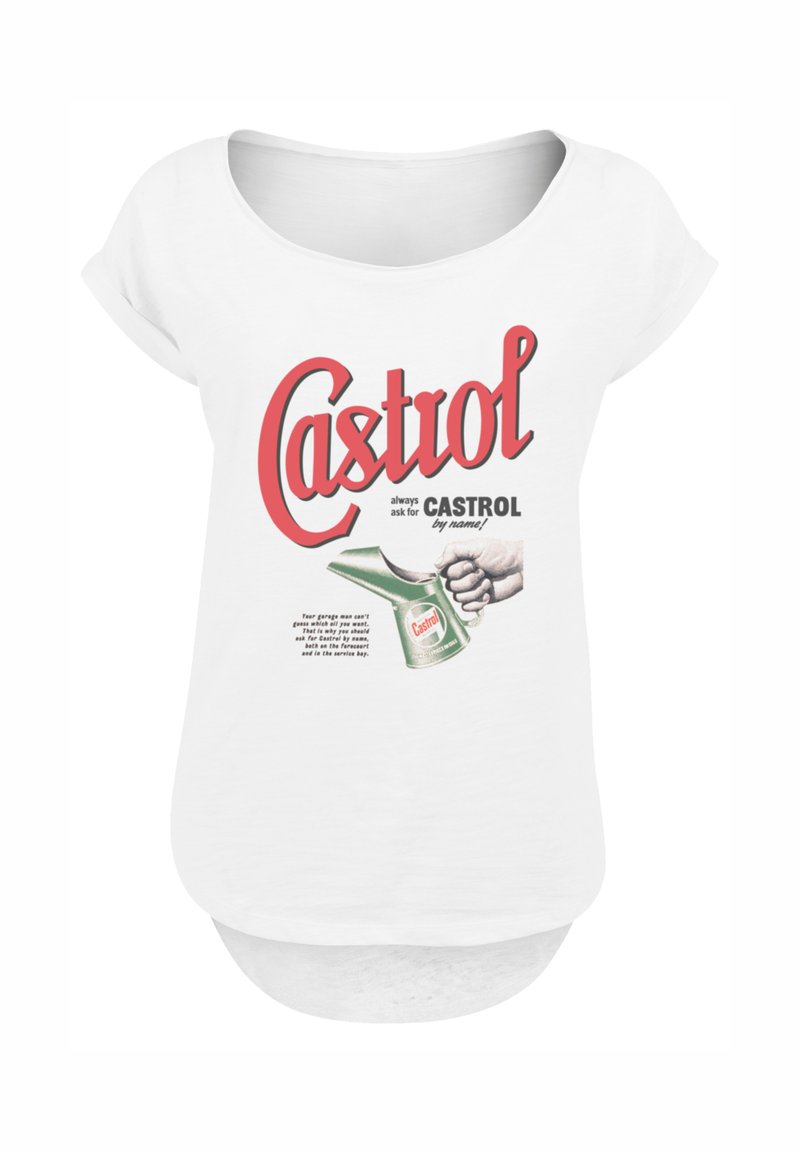 Weißes Damenshirt mit vintage Castrol-Logo, einer Hand, die eine grüne Öldose hält, und Text, der Castrol-Motoröl bewirbt.