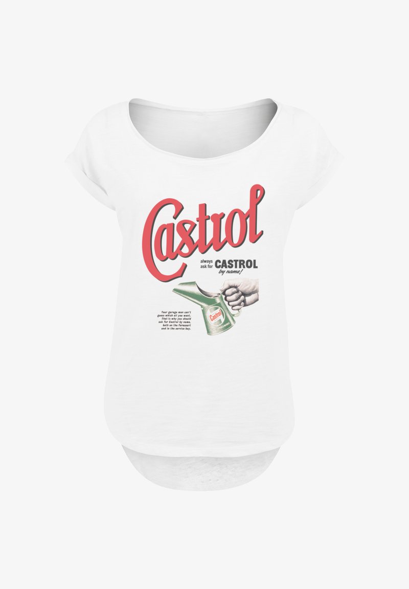 Weißes Damenshirt mit vintage Castrol-Logo, einer Hand, die eine grüne Öldose hält, und Text, der Castrol-Motoröl bewirbt.