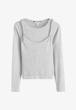 Lysegrå langærmet top med rund hals og snoet stropdetalje over brystet, lavet af blødt, elastisk stof.