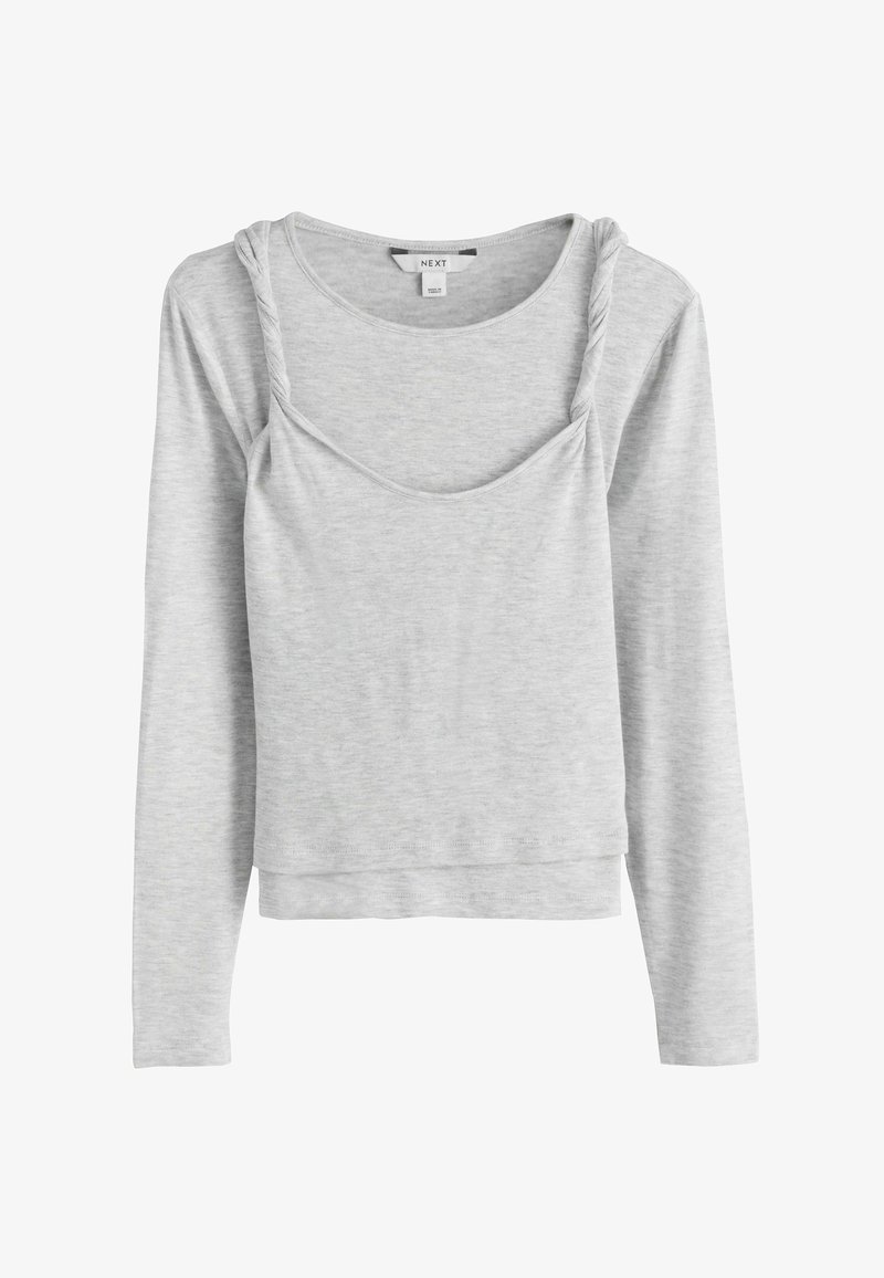 Haut gris clair à manches longues avec un col dégagé en forme de scoop et un détail de bretelle torsadée sur la poitrine, fabriqué en tissu doux et extensible.