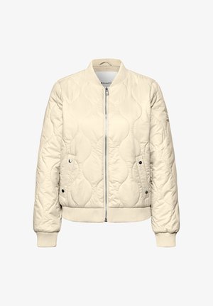 Cremefarbene gesteppte Bomberjacke mit vorderem Reißverschluss, geripptem Kragen, Bündchen, Saum und zwei Druckknopftaschen an den Seiten.
