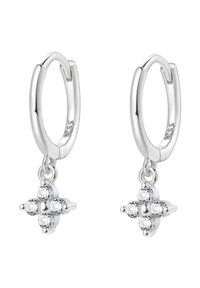 Orecchini a cerchio in argento con un design a croce pendente decorato da quattro cristalli trasparenti. Finitura lucida e meccanismo di chiusura sicuro.