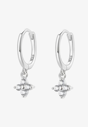 Silberne Creolenohrringe mit einem hängenden Kreuzdesign und vier klaren Kristallen. Schlankes, poliertes Finish und sicheres Verschlusssystem.