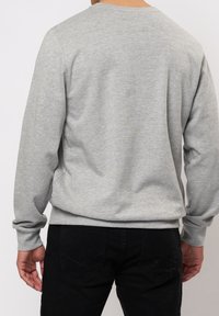 Sweat-shirt gris à manches longues avec un col rond, doté de poignets et d'un ourlet côtelés. Fabriqué en tissu doux, la vue arrière montre une texture lisse.