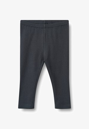 Ciemnoszare prążkowane legginsy dla małych dzieci z elastycznym pasem, prostym krojem nogawek, bez widocznych logo i wzorów.