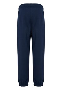 Pantaloni di tuta blu scuro con vita elastica, polsini svasati e una texture liscia. Nessun motivo o hardware visibile. Vista posteriore mostrata.