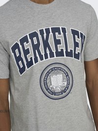 Šedé bavlnené tričko s nápisom "BERKELEY" v bielo-námorníckej modrej farbe, so záplavovým dizajnom v strede. Krátke rukávy.