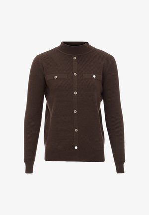 Brun strikket cardigan med rund krave, frontlukning med knapper, to brystlommer og hardware-detaljer i sølvfarve. Struktureret stof hele vejen igennem.